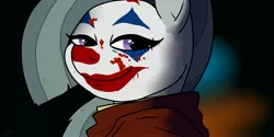 Size: 3600x1800 | Tagged: artist:pony quarantine, blood, blood on face, clothes, clown makeup, derpibooru import, face paint, incelpie, joker (2019), marble pie, redraw, semi-grimdark, shirt, simple background, suit, the joker