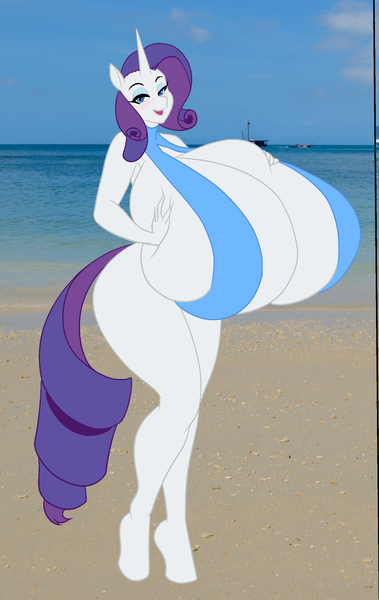 Size: 1515x2400 | Tagged: absolute cleavage, anthro, artist:marauder6272, artist:speedbumpv-drop, beach, big breasts, bikini, breasts, busty rarity, cleavage, clothes, derpibooru import, female, hands on breasts, huge breasts, hyper, hyper breasts, impossibly large breasts, rarity, real life background, sling bikini, solo, solo female, squishy, suggestive, swimsuit, unguligrade anthro