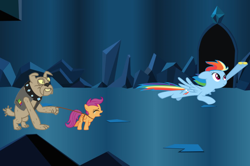 Size: 1095x730 | Tagged: safe, derpibooru import, editor:scootabuser, rainbow dash, scootaloo, diamond dog, pegasus, pony, abandoned, betrayed, female, filly, leash, rainbow douche, scootalone