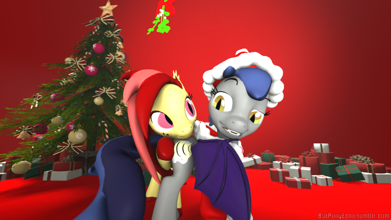 Size: 1280x720 | Tagged: suggestive, artist:batponyecho, derpibooru import, oc, oc:echo, oc:ruby splash, unofficial characters only, bat pony, pony, 3d, bat pony oc, bat wings, butt, butthug, christmas, christmas lights, christmas tree, female, hat, holiday, hug, lesbian, mare, mistletoe, oc x oc, plot, santa hat, sfm pony, shipping, source filmmaker, spread wings, tail, tree, wings