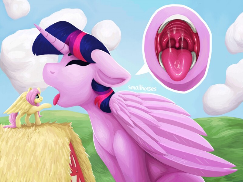 Size: 1280x960 | Tagged: suggestive, artist:smallhorses, derpibooru import, fluttershy, twilight sparkle, twilight sparkle (alicorn), alicorn, pegasus, pony, drool, drool string, duo, eyes closed, female, fetish, floppy ears, flutterprey, imminent vore, interested, lesbian, macro, mawshot, open mouth, shipping, size difference, soft vore, tongue out, twipred, twishy, vore