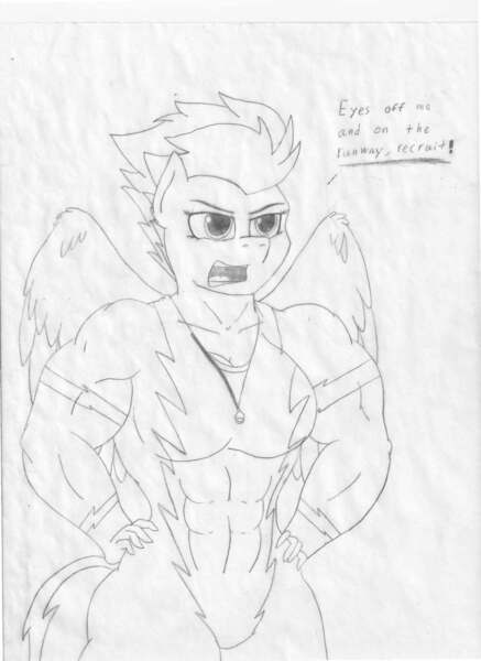 Size: 2552x3504 | Tagged: abs, amazon, anthro, artist:astrum, biceps, breasts, cleavage, clothes, derpibooru import, dialogue, female, fitfire, hand on hip, irritated, lineart, mare, monochrome, muscles, muscular female, pegasus, safe, shirt, simple background, skintight clothes, solo, spitfire, tight clothing, traditional art, undershirt, uniform, wings, wonderbolts uniform, yelling, zipper