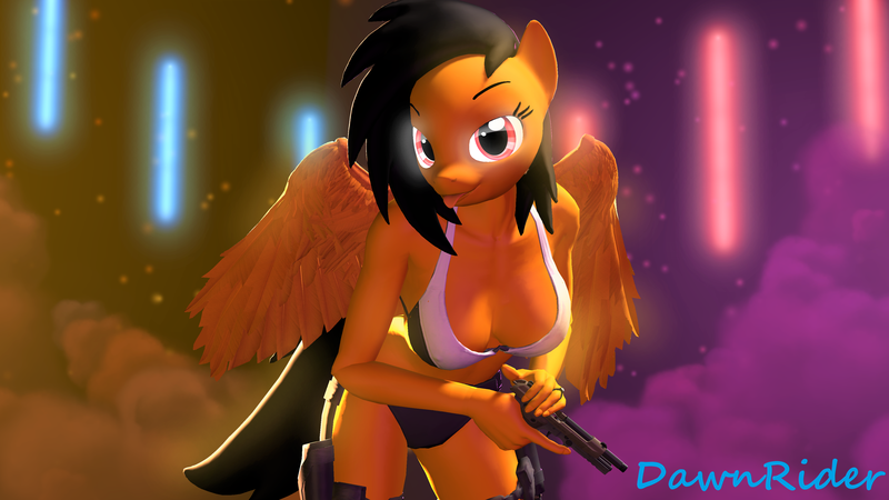 Size: 3840x2160 | Tagged: 3d, anthro, artist:dawnyr, artist:dawnyrs, bikini, breasts, clothes, cute, derpibooru import, gun, neon lights, oc, oc:mina, pegasus, rising star, sexy, sfm pony, solo, source filmmaker, suggestive, swimsuit, weapon