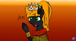 Size: 1980x1080 | Tagged: safe, artist:terminalhash, derpibooru import, oc, oc:ravery, demon, demon pony, original species, pony, abstract background, bracelet, cesar, chestplate, clothes, cosplay, costume, crown, jewelry, regalia, solo