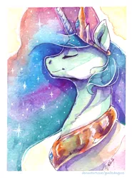 Size: 2390x3234 | Tagged: safe, artist:gaelledragons, derpibooru import, princess celestia, alicorn, pony, bust, eyes closed, female, mare, peytral, portrait, solo, traditional art, watercolor painting