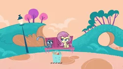 Size: 1920x1080 | Tagged: safe, derpibooru import, screencap, bubbles (cat), fluttershy, ant, cat, insect, pegasus, pony, cute-pocalypse meow, my little pony: pony life, spoiler:pony life s01e03, ants, basket, bench, picnic basket, sitting