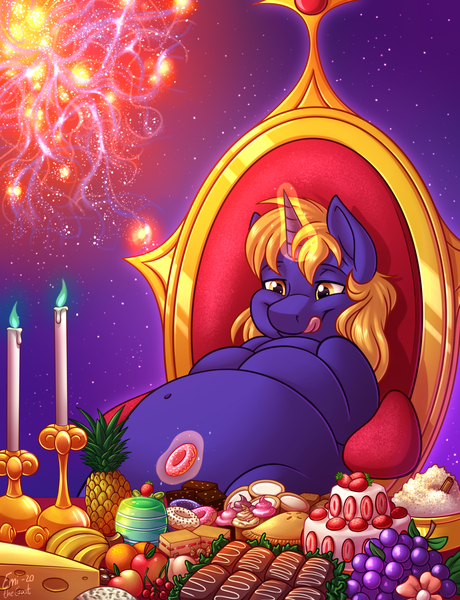 Size: 4000x5216 | Tagged: safe, artist:sugaryviolet, derpibooru import, oc, oc:star bright, pony, unicorn, belly, belly button, bhm, big belly, candle, cosmic wizard, eating, fat, feast, food, giant pony, gluttony, godpone, licking, licking lips, macro, male, overweight, pony bigger than a galaxy, pony bigger than a planet, pony bigger than a solar system, pony bigger than a star, pony bigger than a universe, sitting, space, stallion, stars, throne, tongue out, universe, wizard