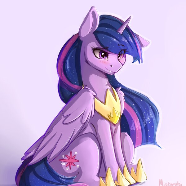 Size: 4000x4000 | Tagged: safe, artist:miokomata, derpibooru import, princess twilight 2.0, twilight sparkle, twilight sparkle (alicorn), alicorn, pony, the last problem, blushing, clothes, cute, female, floppy ears, folded wings, grin, hoof shoes, mare, peytral, pink background, shoes, signature, simple background, sitting, smiling, solo, twiabetes, wings