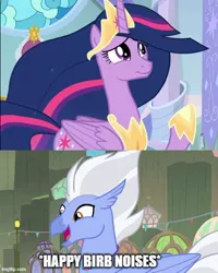 Size: 500x625 | Tagged: alicorn, birb, caption, classical hippogriff, comic, derpibooru import, edit, edited screencap, ethereal mane, female, happy, hippogriff, horseshoes, image macro, jewelry, male, meme, necklace, open mouth, princess twilight 2.0, raised hoof, safe, screencap, screencap comic, shipping, sky beak, starry mane, straight, surf and/or turf, text, the last problem, tiara, twibeak, twilight sparkle, twilight sparkle (alicorn)