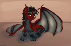 Size: 2600x1700 | Tagged: safe, artist:darkvulpes, derpibooru import, oc, unofficial characters only, dracony, dragon, hybrid, pony, bat wings, bedroom eyes, claws, feral, horn, looking at you, lying down, male, multicolored body, paws, red, red fur, simple background, slit pupils, smiling, solo, spread wings, wings, yellow eyes