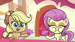 Size: 1280x720 | Tagged: safe, derpibooru import, screencap, applejack, fluttershy, earth pony, pegasus, pony, my little pony: pony life, the trail less trotten, spoiler:pony life s01e07, animated, female, mare, out of context, sound, sugarcube corner, webm