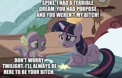 Size: 779x499 | Tagged: safe, derpibooru import, edit, edited screencap, screencap, spike, twilight sparkle, dragon, unicorn, magical mystery cure, abuse, bed, caption, comforting, crying, female, frown, golden oaks library, image macro, male, mare, spikeabuse, teary eyes, text, unicorn twilight, vulgar