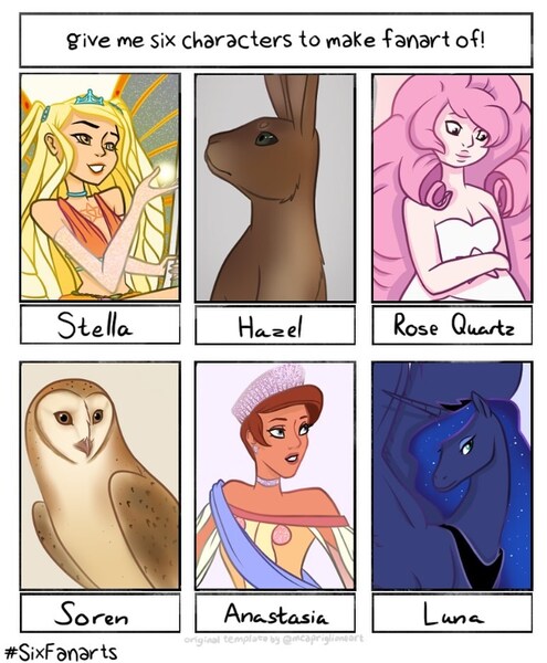 Size: 775x940 | Tagged: safe, artist:thesleeplessdream, derpibooru import, princess luna, alicorn, bird, fairy, human, owl, pony, rabbit, six fanarts, anastasia, animal, bust, enchantix, ethereal mane, fairy wings, female, hazel, horn, jewelry, legend of the guardians, mare, peytral, rose quartz (steven universe), soren, starry mane, stella (winx club), steven universe, tiara, watership down, wings, winx club