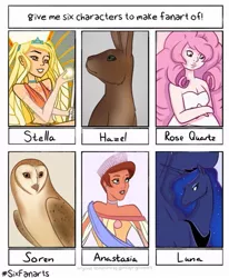 Size: 775x940 | Tagged: safe, artist:thesleeplessdream, derpibooru import, princess luna, alicorn, bird, fairy, human, owl, pony, rabbit, six fanarts, anastasia, animal, bust, enchantix, ethereal mane, fairy wings, female, hazel, horn, jewelry, legend of the guardians, mare, peytral, rose quartz (steven universe), soren, starry mane, stella (winx club), steven universe, tiara, watership down, wings, winx club