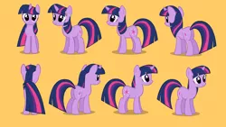 Size: 1280x720 | Tagged: safe, derpibooru import, twilight sparkle, pony, unicorn, journey of the spark, butt, female, front view, horn, looking at you, mare, multeity, orange background, plot, pose, rear view, reference sheet, shadow, show accurate, side view, simple background, smiling, solo, turnaround, unicorn twilight