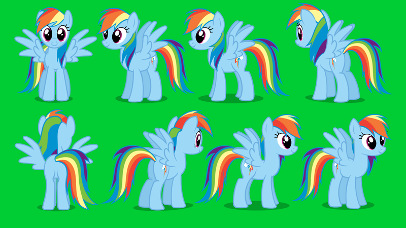 Size: 1280x720 | Tagged: safe, derpibooru import, rainbow dash, pegasus, pony, journey of the spark, butt, female, front view, green background, grin, looking at you, mare, multeity, multicolored hair, plot, pose, rear view, reference sheet, shadow, show accurate, side view, simple background, smiling, solo, spread wings, turnaround, wings