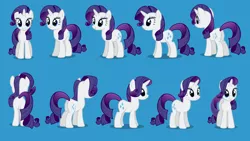 Size: 1280x720 | Tagged: safe, derpibooru import, rarity, pony, unicorn, journey of the spark, 3/4 view, blue background, butt, female, front view, horn, looking at you, mare, multeity, palindrome get, plot, pose, rear view, reference sheet, shadow, show accurate, side view, simple background, smiling, solo, turnaround