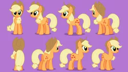 Size: 1280x720 | Tagged: safe, derpibooru import, applejack, earth pony, pony, journey of the spark, applejack's hat, butt, cowboy hat, female, front view, hat, looking at you, mare, multeity, plot, pose, purple background, rear view, reference sheet, shadow, show accurate, side view, simple background, smiling, solo, stetson, turnaround