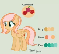 Size: 722x652 | Tagged: safe, artist:dawnthebarrel, artist:kurisha-chan, derpibooru import, oc, oc:apple rose, unofficial characters only, pegasus, pony, base used, color palette, cutie mark, female, green background, mare, offspring, parent:big macintosh, parent:fluttershy, parents:fluttermac, reference sheet, simple background