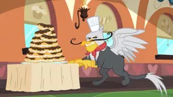 Size: 2000x1125 | Tagged: safe, derpibooru import, screencap, gustave le grande, gryphon, mmmystery on the friendship express, eclair, facial hair, food, hat, male, moustache, narrowed eyes, scowl, solo, table, toque