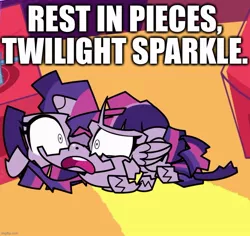 Size: 813x767 | Tagged: safe, derpibooru import, edit, edited screencap, screencap, twilight sparkle, twilight sparkle (alicorn), alicorn, pony, my little pony: pony life, broken, caption, cartoon physics, cropped, dead, image macro, implied death, pun, shattered, solo, text, twibreaking