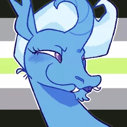 Size: 540x540 | Tagged: safe, artist:goatpaste, derpibooru import, trixie, pony, unicorn, blushing, curved horn, fangs, forked tongue, horn, narrowed eyes, pride flag, smiling, solo, tongue out