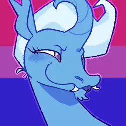 Size: 540x540 | Tagged: safe, artist:goatpaste, derpibooru import, trixie, pony, unicorn, alternate design, bisexual pride flag, blushing, curved horn, fangs, forked tongue, horn, image, implied bisexual, mouthpiece, narrowed eyes, png, politics, pride, pride flag, smiling, solo, tongue out, twitterina design