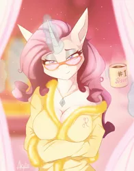 Size: 1800x2300 | Tagged: suggestive, artist:akylie, artist:akylietheshark, artist:seleeger, derpibooru import, rarity, anthro, unicorn, breasts, busty rarity, cleavage, coffee mug, glasses, jewelry, magic, messy mane, mug, necklace, smiling, smiling at you, telekinesis