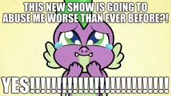 Size: 1920x1080 | Tagged: abuse, caption, crying, derpibooru import, dragon, edit, edited screencap, editor:useraccount, excessive exclamation marks, excited, funny, go to sleep garble, happy, image macro, male, masochism, my little pony: pony life, safe, screencap, shitposting, smiling, spike, spikeabuse, tears of joy, text, winged spike