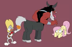 Size: 2651x1736 | Tagged: safe, artist:bugssonicx, derpibooru import, fluttershy, lord tirek, centaur, pegasus, pony, rabbit, animal, bracer, branding, bugs bunny, butt, cloven hooves, colored hooves, crossover, facial hair, female, male, mare, moustache, nose piercing, nose ring, piercing, plot, purple background, simple background, standing, this will end in pain, tirek is doomed, tirump, tongue out, trio, warner brothers
