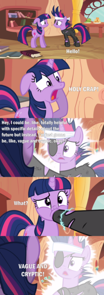 Size: 2000x5623 | Tagged: safe, derpibooru import, edit, edited screencap, screencap, twilight sparkle, pony, unicorn, it's about time, batman v superman: dawn of justice, book, clothes, comic, cut, electricity, eyepatch, female, future twilight, golden oaks library, headband, hishe, hoof in mouth, how it should have ended, mare, messy mane, open mouth, quote, reference, screaming, screencap comic, solid sparkle, text, torn clothes, unicorn twilight