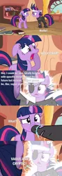 Size: 2000x5623 | Tagged: safe, derpibooru import, edit, edited screencap, screencap, twilight sparkle, pony, unicorn, it's about time, batman v superman: dawn of justice, book, clothes, comic, cut, electricity, eyepatch, female, future twilight, golden oaks library, headband, hishe, hoof in mouth, how it should have ended, mare, messy mane, open mouth, quote, reference, screaming, screencap comic, solid sparkle, text, torn clothes, unicorn twilight