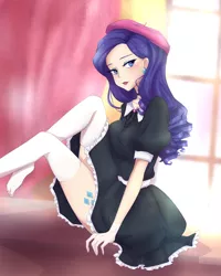 Size: 2000x2500 | Tagged: artist:ponnyan, beret, clothes, curtains, cutie mark, cutie mark on human, cutie mark tattoo, derpibooru import, dress, ear piercing, earring, hat, human, humanized, jewelry, piercing, rarity, safe, sitting, socks, solo, stockings, tattoo, thigh highs, window