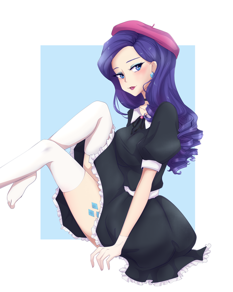 Size: 2000x2500 | Tagged: abstract background, artist:ponnyan, beret, clothes, cutie mark, cutie mark on human, cutie mark tattoo, derpibooru import, dress, ear piercing, earring, hat, human, humanized, jewelry, piercing, rarity, safe, sitting, socks, solo, stockings, tattoo, thigh highs