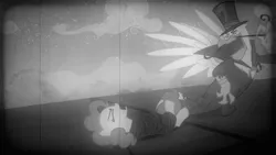 Size: 2000x1125 | Tagged: safe, derpibooru import, screencap, gustave le grande, pinkie pie, pony, mmmystery on the friendship express, dastardly whiplash, eyes closed, facial hair, female, grayscale, hat, male, mare, monochrome, moustache, parody, peril, retro, rope, tied to tracks, tied up, top hat, train tracks