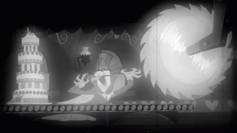 Size: 2000x1125 | Tagged: safe, derpibooru import, screencap, gustave le grande, gryphon, mmmystery on the friendship express, cake, circular saw, conveyor belt, dastardly whiplash, facial hair, food, grayscale, hat, male, marzipan mascarpone meringue madness, monochrome, moustache, open mouth, parody, retro, solo, top hat