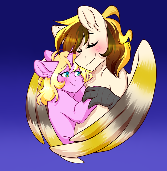 Size: 3000x3079 | Tagged: safe, artist:twisted-sketch, derpibooru import, oc, oc:silent flight, oc:valencia equi, unofficial characters only, unicorn, blushing, cuddling, happy, hoof hold, horn, shipping, talons, unicorn oc