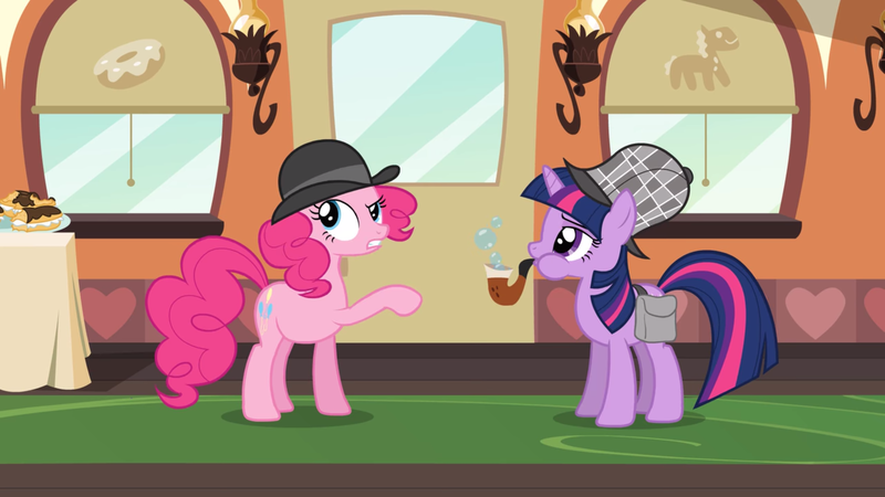 Size: 2000x1125 | Tagged: safe, derpibooru import, screencap, pinkie pie, twilight sparkle, earth pony, pony, unicorn, mmmystery on the friendship express, bag, bowler hat, bubble pipe, deerstalker, detective, duo, female, hat, lidded eyes, mare, pipe, puffy cheeks, raised hoof, saddle bag, sherlock holmes, unicorn twilight, watson