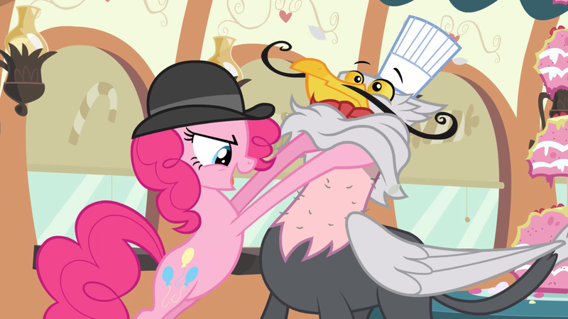 Size: 2000x1125 | Tagged: safe, derpibooru import, screencap, gustave le grande, pinkie pie, earth pony, gryphon, pony, mmmystery on the friendship express, bipedal, bowler hat, cartoon physics, duo, facial hair, female, floating eyebrows, hat, male, mare, moustache, open mouth, toque