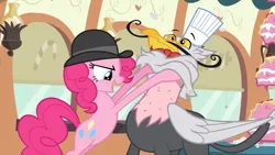 Size: 2000x1125 | Tagged: safe, derpibooru import, screencap, gustave le grande, pinkie pie, earth pony, gryphon, pony, mmmystery on the friendship express, bipedal, bowler hat, cartoon physics, duo, facial hair, female, floating eyebrows, hat, male, mare, moustache, open mouth, toque