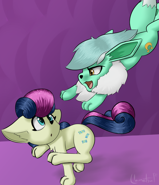 Size: 1653x1917 | Tagged: safe, artist:llametsul, derpibooru import, bon bon, lyra heartstrings, sweetie drops, ponified, eevee, pony, adorabon, attack, chest fluff, cute, cutie mark, ear fluff, female, fluffy, furry, looking at each other, looking back, lyrabetes, paws, pokefied, pokémon, pounce, quadrupedal, running, simple background