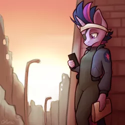 Size: 2000x2000 | Tagged: safe, artist:ohemo, derpibooru import, twilight sparkle, anthro, unicorn, it's about time, alternate hairstyle, atg 2020, bandage, catsuit, city, clothes, eyepatch, female, future twilight, jacket, mare, mobile phone, newbie artist training grounds, newspaper, phone, solo, unicorn twilight