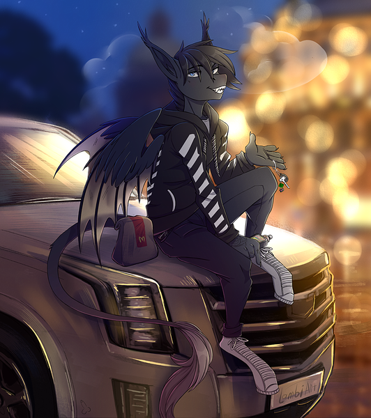 Size: 2252x2540 | Tagged: anthro, artist:1an1, bag, bat, cadillac, cadillac escalade, car, car keys, clothes, derpibooru import, high res, hoodie, mcdonald's, oc, pants, plantigrade anthro, safe, sitting, solo, unofficial characters only, vehicle