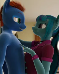 Size: 1297x1620 | Tagged: suggestive, artist:stellarator, derpibooru import, sonata dusk, oc, oc:smoothie, anthro, unguligrade anthro, comic:we will be adored, comic:we will be adored part 3, 3d, bedroom eyes, blender, canon x oc, clothed female nude male, cycles, disguise, disguised siren, equestria girls outfit, eye contact, female, imminent sex, implied nudity, kabedon, looking at each other, male, mare, not sfm, nudity, smoonata, stallion, straight
