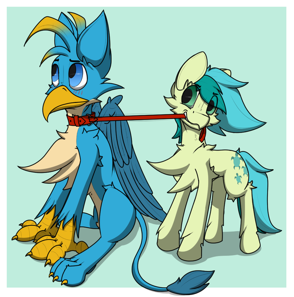 Size: 996x1010 | Tagged: safe, artist:starrypallet, derpibooru import, gallus, sandbar, earth pony, gryphon, pony, collar, cute, gallabetes, leash, pet play, sandabetes, simple background, tsundere, wings