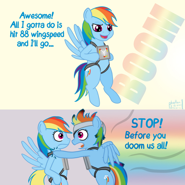 Size: 1000x1000 | Tagged: safe, artist:phallen1, derpibooru import, rainbow dash, pegasus, pony, atg 2020, back to the future, bandage, comic, dialogue, duality, eyepatch, flux capacitor, harness, newbie artist training grounds, self ponidox, simple background, tack, time paradox, time travel, warning