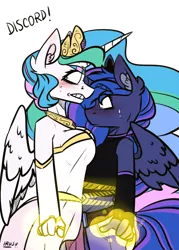 Size: 1280x1792 | Tagged: suggestive, artist:lrusu, derpibooru import, princess celestia, princess luna, alicorn, anthro, angry, asymmetrical docking, blushing, bondage, bound together, breasts, busty princess celestia, clothes, crown, dress, ear fluff, eyes on the prize, female, glowing hands, gritted teeth, implied discord, jewelry, magic, magical bondage, mare, pants, peytral, regalia, royal sisters, siblings, simple background, sisters, transparent background