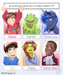 Size: 1500x1800 | Tagged: safe, artist:catrex, derpibooru import, princess luna, alicorn, frog, human, ogre, pony, six fanarts, aaron burr, ash ketchum, baseball cap, braid, bust, cap, clothes, dark skin, ethereal mane, female, gravity falls, hamilton, hat, hoof shoes, jewelry, kermit the frog, mabel pines, male, mare, necklace, open mouth, peytral, pokémon, princess fiona, shrek, smiling, starry mane, tiara