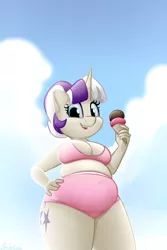 Size: 2160x3240 | Tagged: suggestive, artist:andelai, derpibooru import, twilight velvet, anthro, unicorn, absolute cleavage, adorasexy, alternate hairstyle, belly, bikini, breasts, chubby, chubby velvet, cleavage, clothes, cute, female, food, ice cream, ice cream cone, looking at you, mare, milf, mombod, pink swimsuit, sexy, smiling, solo, solo female, swimsuit, thick, velvetbetes