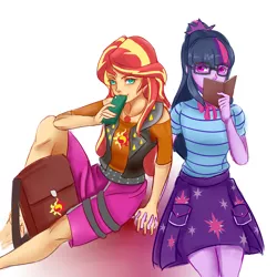 Size: 1900x1900 | Tagged: safe, artist:reinver, derpibooru import, sci-twi, sunset shimmer, twilight sparkle, equestria girls, backpack, book, clothes, female, holding hands, lesbian, mobile phone, phone, scitwishimmer, shipping, smartphone, sunsetsparkle